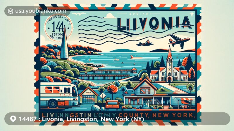 Modern illustration of Livonia, Livingston County, New York, featuring Conesus Lake and Hemlock Lake, incorporating local landmarks, postal elements, and ZIP code 14487 in a vibrant postcard design.