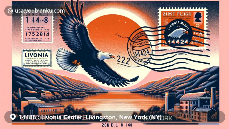 Modern illustration of Livonia Center, Livingston County, New York, showcasing mural titled 'First Flight' with soaring eagle in pink and orange sky, incorporating connection to Genesee River Valley and upcoming 2024 total solar eclipse. Postal elements including airborne mail envelope, retro stamp with ZIP code 14488, and postmark dated 8th April 2024 (eclipse date) are integrated into the design. The envelope appears to soar above the depicted landscape in Livonia Center, symbolizing mail delivery and majestic eagle flight.