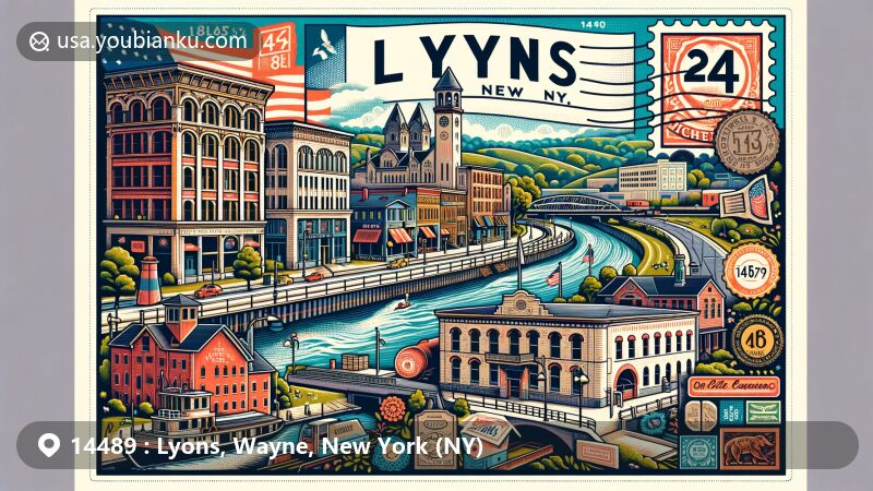 Modern illustration of Lyons, NY, Wayne County, showcasing Erie Canal, Broad Street-Water Street Historic District, and H.G. Hotchkiss Essential Oil Company, with lush landscapes and postal elements like vintage postcard design and ZIP code 14489.