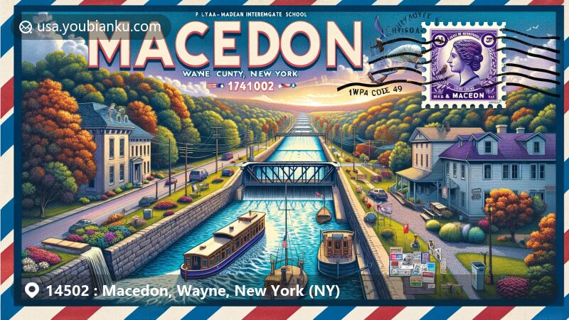 Modern illustration of Macedon, Wayne County, New York, showcasing 14502 postal theme with Erie Canal landmarks like Lock 60 and Change Bridge #39, set against natural landscape, featuring local school and businesses.