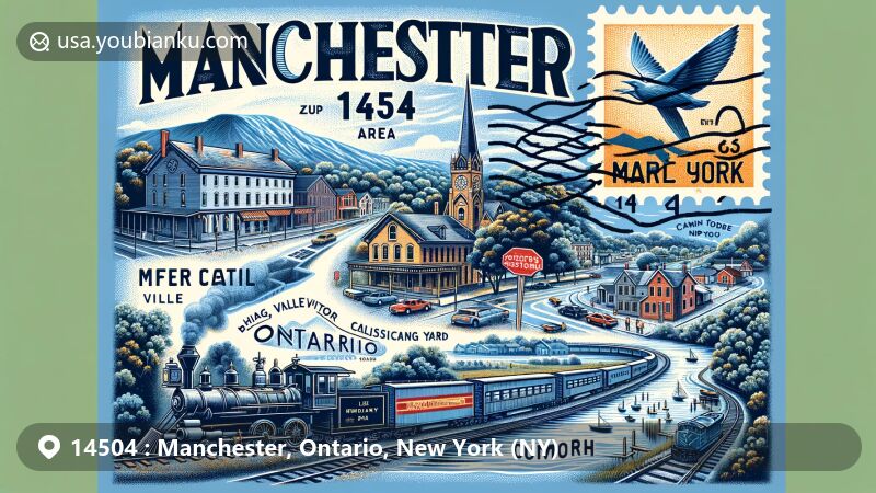 Modern illustration showcasing Manchester, Ontario, New York with Erie Canal, Lehigh Valley Railroad, Cumorah hill, village, and postal elements including air mail envelope and stamp.