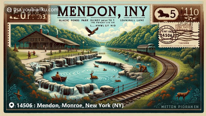 Modern illustration of Mendon Ponds Park in Mendon, NY, depicting glacial geology features like Devil's Bathtub, abundant wildlife, and historical railway elements of Peanut Line and Lehigh Valley Railroad, integrating postal theme with ZIP code 14506.