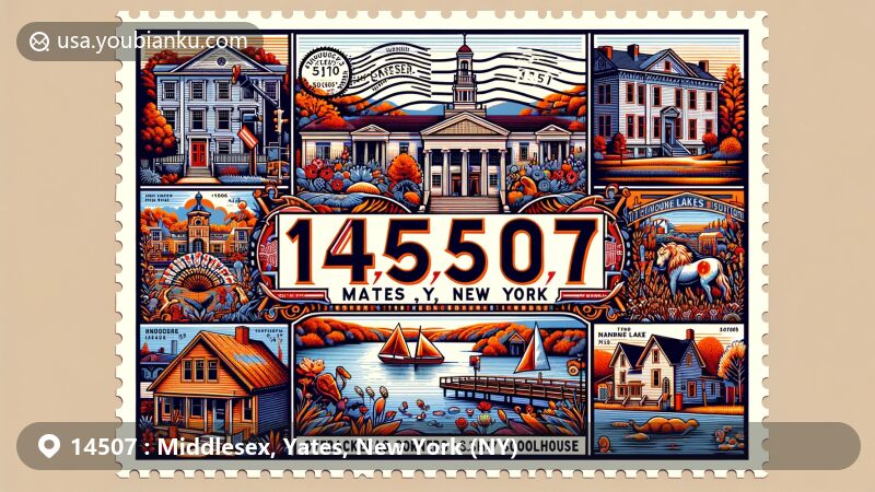 Modern illustration of Middlesex, Yates County, New York, featuring Seneca heritage near Canandaigua Lake and Bare Hill (known as Genundowa), intertwined with the artistic flair reflecting the postal theme of ZIP code 14507.