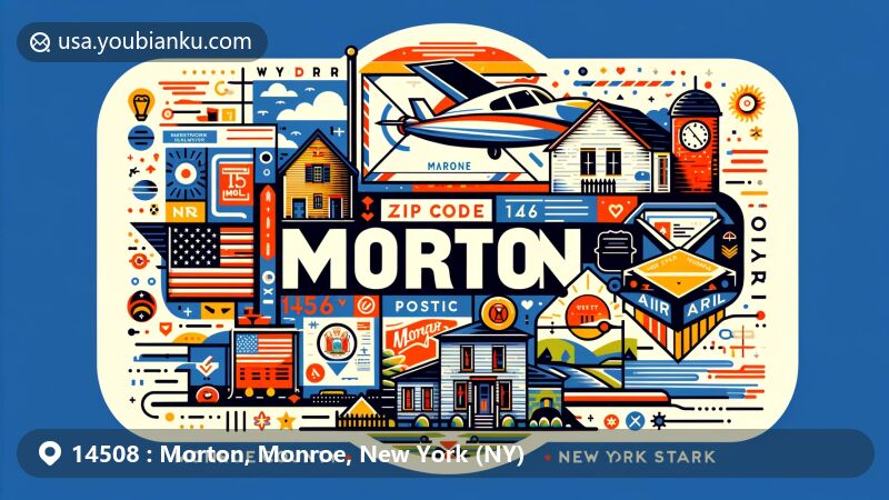Modern illustration of Morton, Monroe County, New York, showcasing postal theme with ZIP code 14508, featuring local landmarks like a cobblestone farmhouse and Monroe County symbols.