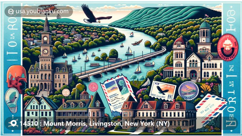 Modern illustration of Mount Morris, New York, highlighting Letchworth State Park, Genesee River, historic buildings like General William Mills Mansion, and postal elements with ZIP code 14510.