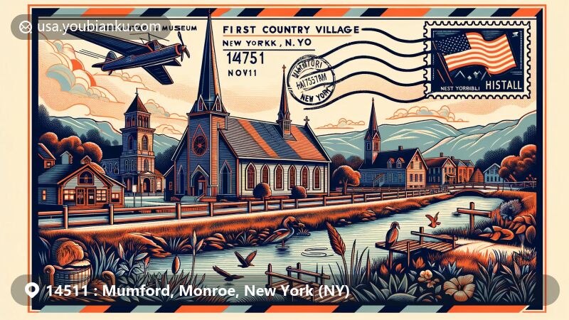 Modern illustration of Mumford, Monroe, New York (NY), capturing the essence of postal theme with ZIP code 14511, featuring Genesee Country Village & Museum, First Baptist Church of Mumford, and First Presbyterian Church of Mumford.