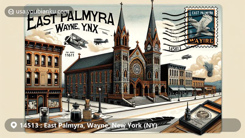 Modern illustration of East Palmyra, Wayne, New York, highlighting East Palmyra Presbyterian Church and East Main Street Commercial Historic District, featuring 19th-century brick buildings, cast iron storefronts, and vintage postal elements.