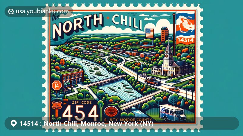 Modern illustration of North Chili, Monroe County, New York, showcasing postal theme with ZIP code 14514, featuring New York State and Monroe County symbols.