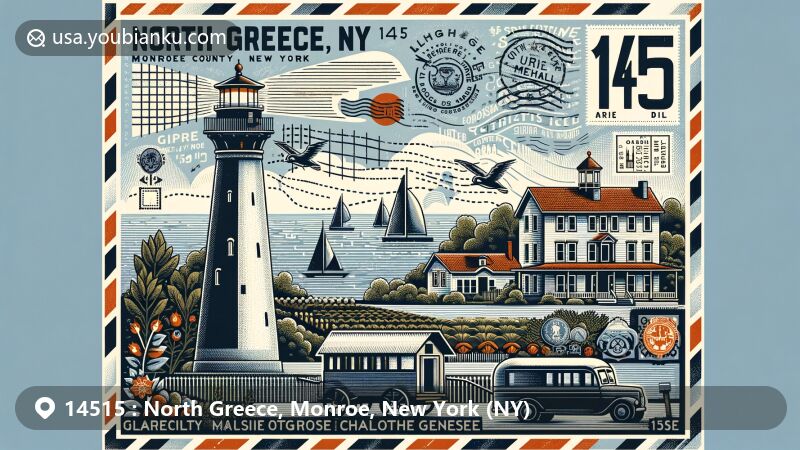 Modern illustration of North Greece, Monroe County, New York, showcasing key elements such as Charlotte Genesee Lighthouse, agricultural heritage, Lake Ontario, and postal theme with ZIP code 14515.