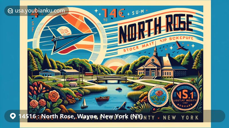 Contemporary illustration of North Rose, Wayne County, New York, showcasing local history with Bernard Farnsworth Museum, natural beauty of parks and outdoor activities, and Wayne County flag, in vibrant design resembling air mail envelope.