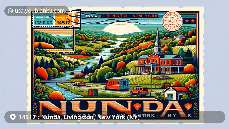 Modern illustration of Nunda, Livingston County, New York, showcasing rolling hills, forests, and rivers, with elements representing local history like the Seneca people and the Genesee River. Includes a vibrant, welcoming sign and postal theme with ZIP code 14517 and New York state outline.