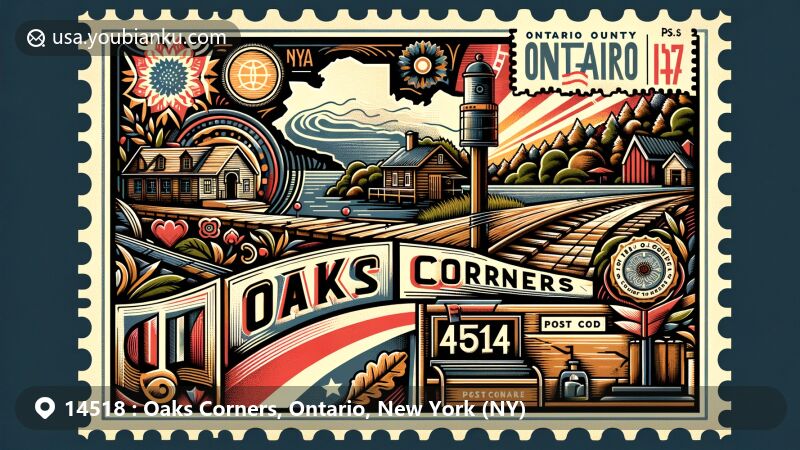 Modern illustration of Oaks Corners, Ontario County, New York, highlighting postal theme with ZIP code 14518, featuring rural charm and New York state landmarks.