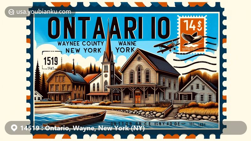 Modern illustration of Ontario Heritage Square in Wayne County, New York, featuring historic buildings like North Ontario Methodist Church, Pease-Micha Homestead, and Ruffell Log Cabin, capturing the town's scenic beauty by Lake Ontario. The foreground showcases a vintage airmail envelope with a postal theme, highlighting the town name and ZIP code 14519 on a postage stamp, alongside a simplified outline of New York state with a star marking Ontario's location.