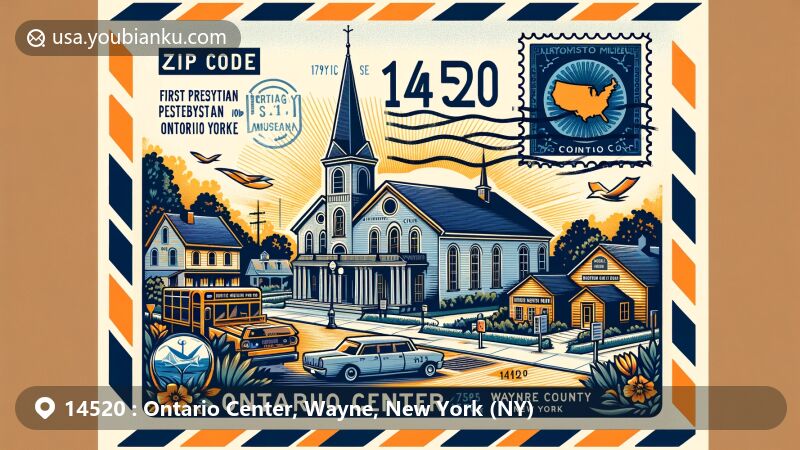 Modern illustration of Ontario Center, Wayne County, New York, featuring iconic landmarks like the First Presbyterian Church and North Ontario Methodist Church, along with elements from Heritage Square Museum including Pease-Micha Homestead and Ruffell Log Cabin. It incorporates postal elements such as a stamp and postmark with the ZIP code 14520, subtly outlining Wayne County's map, emphasizing Ontario Center's location, and integrating New York state's silhouette, all in a vibrant and inviting contemporary style.
