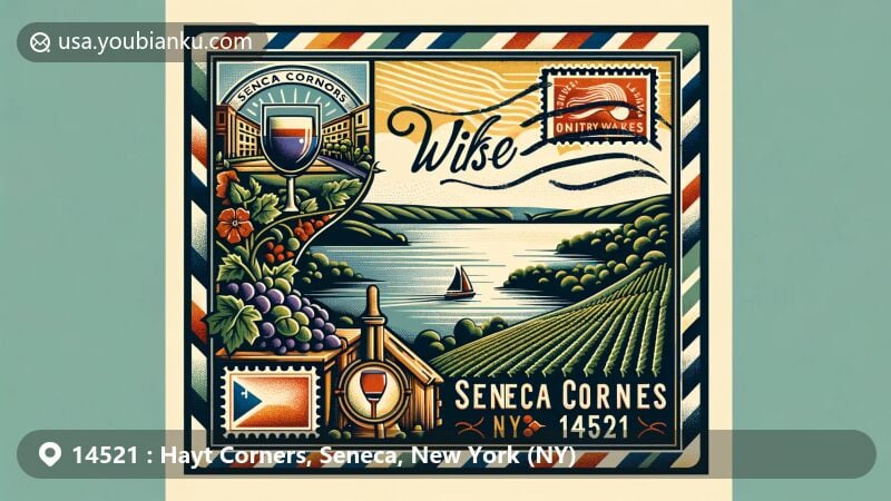 Modern illustration of Hayt Corners, Seneca County, New York, showcasing air mail envelope with ZIP code 14521, featuring scenic beauty of Seneca Lake and vintage postage stamp with Finger Lakes wine region imagery.