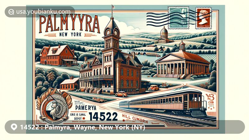 Modern illustration of Palmyra, Wayne County, New York, showcasing landmarks like Palmyra Historical Museum, Erie Canal Depot, Grandin Building, and Hill Cumorah, with postal elements like vintage air mail envelope and postage stamp with ZIP code 14522.