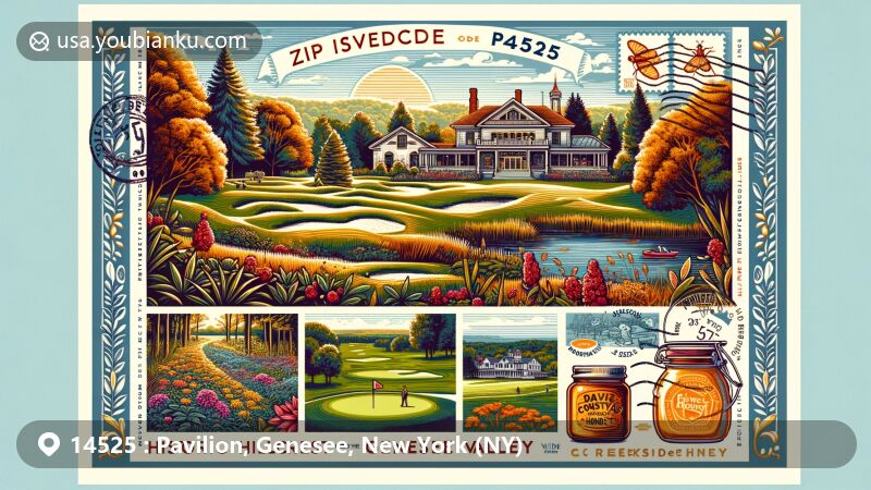 Modern illustration of Hillcrest Estate in Genesee Valley, Pavilion, NY, showcasing natural beauty, local activities, and postal elements with ZIP code 14525.