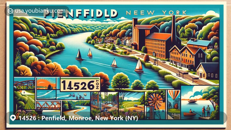 Modern illustration of Penfield, New York, highlighting Irondequoit Bay, green landscapes, and community activities, alongside historic milling references and vibrant town life, featuring postal theme with ZIP code 14526 and Penfield, NY text.