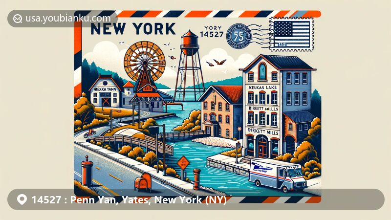 Modern illustration of Penn Yan area in Yates County, New York, showcasing Keuka Lake, the largest pancake griddle, and Birkett Mills, with postal elements like postcard design, stamps, postmark, and ZIP code 14527, featuring mailbox, postal van, and New York state flag.