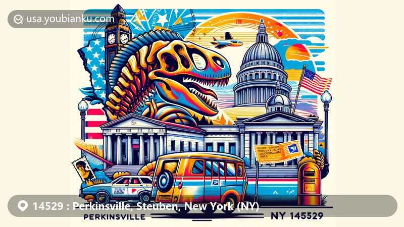Modern illustration of Perkinsville, New York, showcasing postal theme with ZIP code 14529, featuring New York state flag, Steuben County outline, and symbolic representation of mastodon discovered in Perkinsville's history, alongside postage stamp, postmark ('Perkinsville, NY 14529'), and vintage mail truck or mailbox. Emphasizing Perkinsville's uniqueness and celebrating its postal heritage in a contemporary and eye-catching style, perfect for web use.