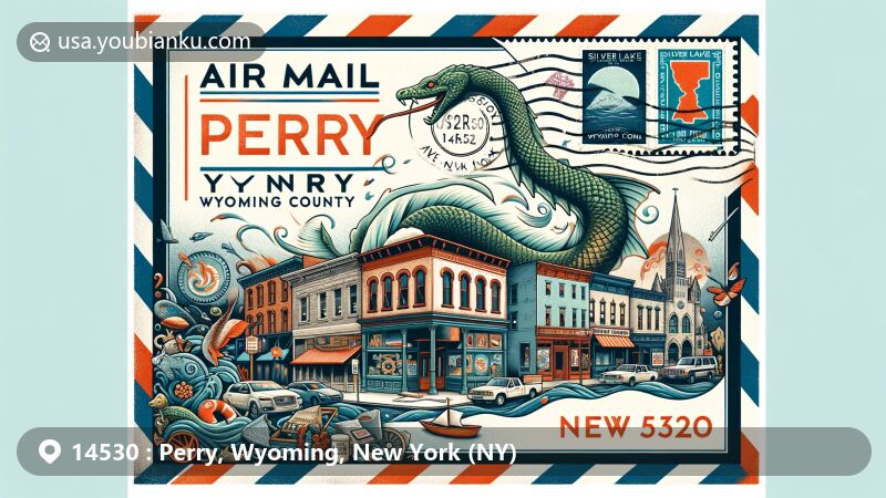 Modern illustration of Perry, Wyoming County, New York, featuring air mail envelope with ZIP code 14530, showcasing local landmarks, arts council, and the Silver Lake Sea Serpent legend.