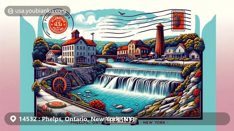 Modern illustration of Phelps, Ontario County, New York, showcasing Old Mill Falls on Flint Creek with Sauerkraut Festival elements, reflecting the town's charming and historic character in the Finger Lakes region.