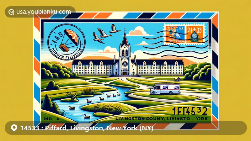 Modern illustration of Piffard, Livingston County, New York, featuring the Abbey of the Genesee as the central landmark surrounded by fields, a peaceful pond with ducks, and monastery architecture, all within an airmail envelope with New York state flag stamp and ZIP code 14533.
