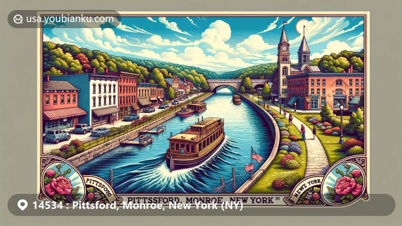 Modern illustration of Pittsford Village Historic District and the Erie Canal in Pittsford, NY, featuring historical buildings, cobblestone structures, and a canal boat reminiscent of Sam Patch tours, set against lush landscapes. The artwork is framed like a vintage postcard with stylized Pittsford, Monroe, New York, and ZIP code 14534.