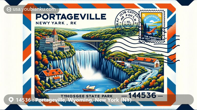 Modern illustration of Portageville, New York, showcasing natural beauty of waterfalls and Genesee River Gorge at Letchworth State Park, styled as air mail envelope with ZIP code 14536.