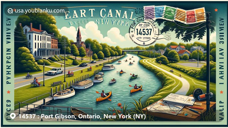 Modern illustration of Erie Canal passing through Port Gibson, New York, with kayaks and canoes on water, showcasing outdoor recreational activities and vintage postcard layout featuring ZIP code 14537 and postal elements.