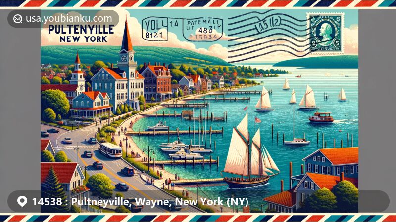 Modern illustration of Pultneyville, New York, showcasing maritime heritage and historical significance with a nod to the War of 1812 event, featuring Gates Hall and the scenic Lake Ontario shoreline.