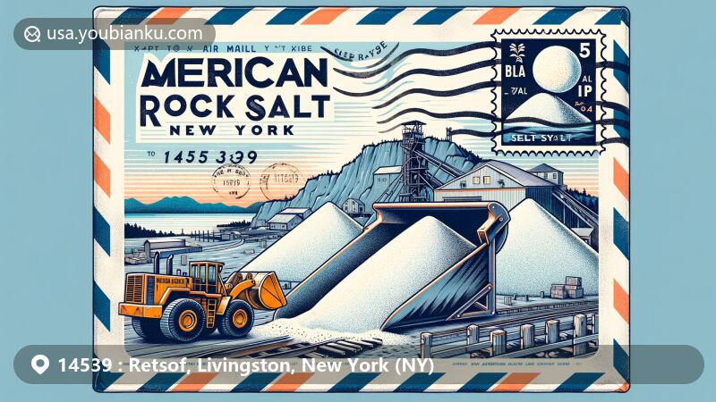Modern illustration of Retsof, Livingston, New York (NY), depicting American Rock Salt Company's mining and bagging process, showcasing unique salt mine landscape and massive salt piles for distribution in a vintage air mail envelope with ZIP code 14539.