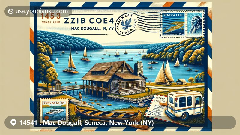 Modern illustration of Mac Dougall, NY, showcasing Native American heritage at Ganondagan State Historic Site, scenic beauty of Seneca Lake, and outdoor activities like boating and RV camping at Sampson Park. Features vintage airmail envelope, Seneca Lake stamp, and unique postal marks.