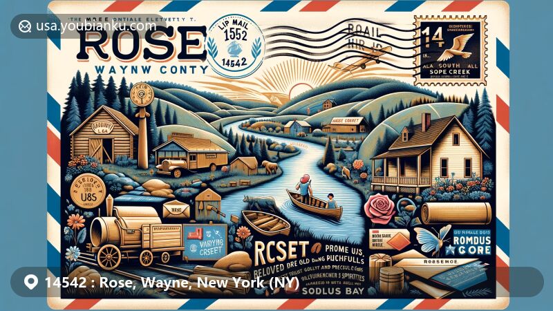 Modern illustration of Rose, Wayne County, New York, featuring picturesque landscapes, early settlement scenes, and a whimsical local legend, framed by an airmail envelope with ZIP code 14542.