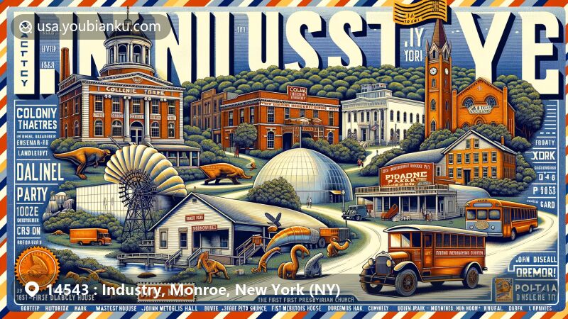 Modern illustration of Industry, Monroe, New York (NY), showcasing postal theme with ZIP code 14543, featuring Colonial Theater, Community House, Crane Park, Dam House, and more landmarks, highlighting historical significance and natural beauty.