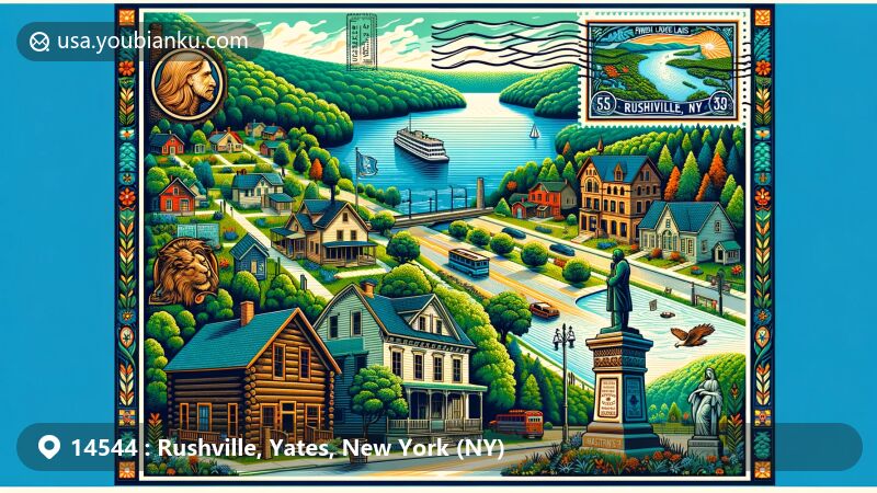 Modern illustration of Rushville village, New York, and Finger Lakes region on a postcard with map outlines, iconic buildings like log cabin, river, and Marcus Whitman statue, featuring decorative stamp with Finger Lakes scenery and '14544 Rushville, NY'.