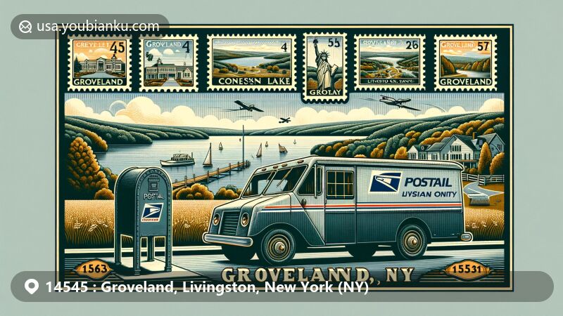 Modern illustration of Groveland, NY, showcasing postal theme with Conesus Lake backdrop and 14545 ZIP code on vintage mailbox and postal van, featuring Groveland's iconic landmarks.
