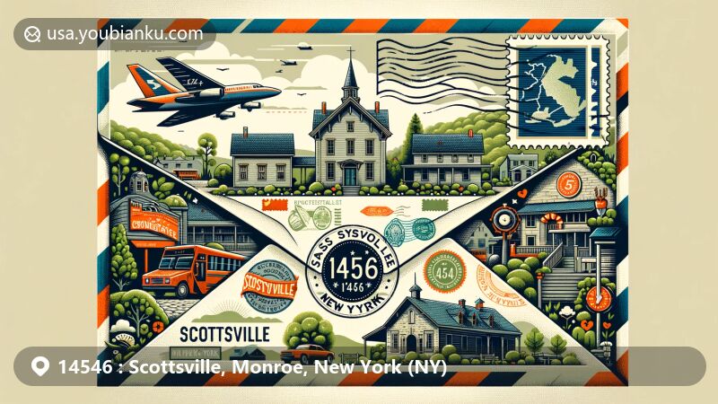 Modern illustration of Scottsville, New York, featuring airmail envelope with ZIP code 14546, showcasing Isaac Cox Cobblestone Farmstead and Genesee Valley Greenway, incorporating postage stamps and postmarks.