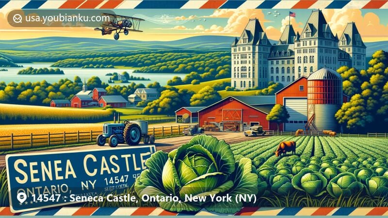 Modern illustration of Seneca Castle, Ontario, New York (NY), portraying diverse agriculture with crops like cabbages, corn, and wheat, featuring Holstein cattle farm. Background includes rolling hills symbolizing agricultural roots. Vintage tractor hints at agricultural progress. New York State flag in the sky. Charming postcard with ZIP code 14547, postal stamp, and postmark 'Seneca Castle, NY'.