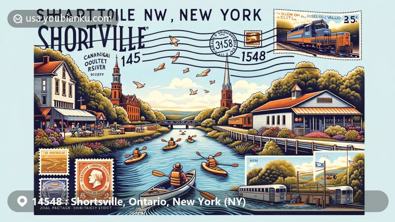 Modern illustration of Shortsville, Ontario County, New York, featuring postal theme with ZIP code 14548, showcasing Canandaigua Outlet river, Lehigh Valley Railroad Historical Society, and Hill Cumorah Visitors Center.