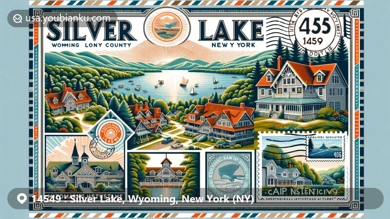 Modern illustration of Silver Lake, Wyoming County, New York, highlighting the picturesque lake and surrounding natural beauty, featuring elements of the Silver Lake Institute Historic District and incorporating postal theme with ZIP code 14549.