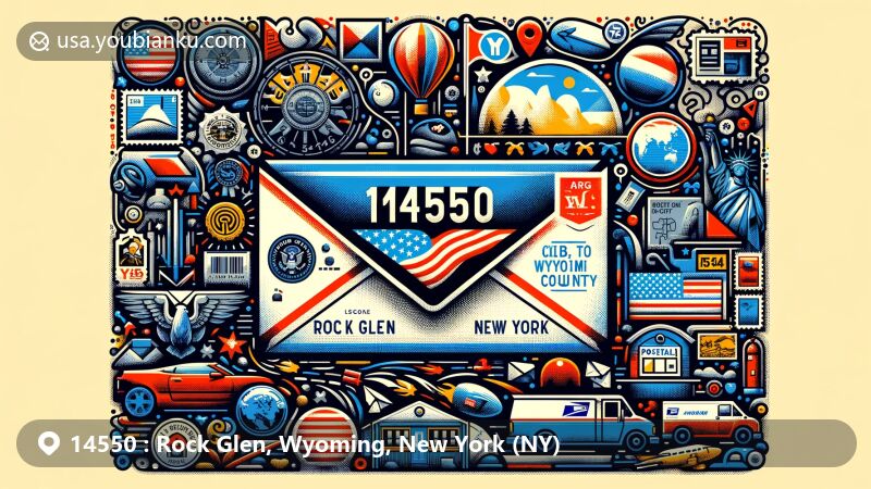 Modern illustration of Rock Glen, Wyoming County, New York, featuring a decorative airmail envelope with stamps and postmarks, showcasing ZIP code 14550 surrounded by symbols of local and postal heritage.