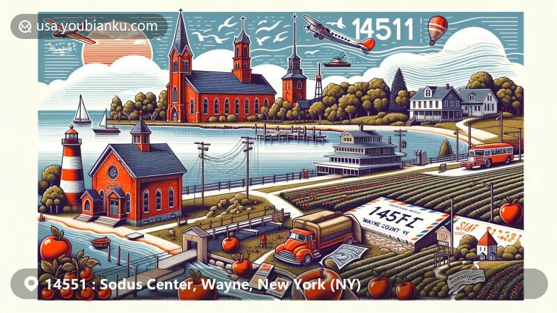 Modern illustration of Sodus Center, Wayne County, New York, capturing the essence of rural New York with Red Brick Church, apple orchards, and Lake Ontario, while infusing postal theme with vintage design elements.