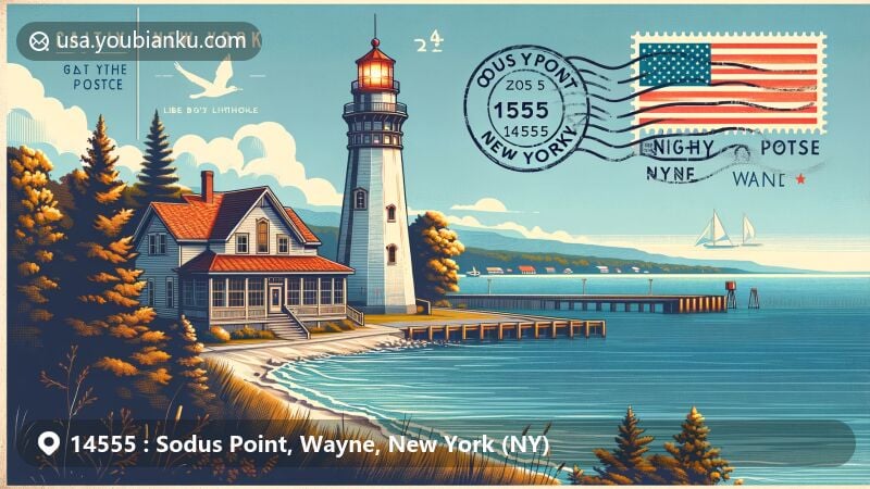 Modern illustration of Sodus Point, New York, highlighting Sodus Bay Lighthouse with Lake Ontario in the background, featuring New York state flag, postal elements with ZIP Code 14555, and serene natural beauty.