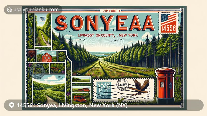 Modern illustration of Sonyea, representing ZIP Code 14556 in Livingston County, New York, blending natural beauty of Sonyea State Forest with classic postal charm, featuring forest paths, Livingston County silhouette, and New York state symbols.