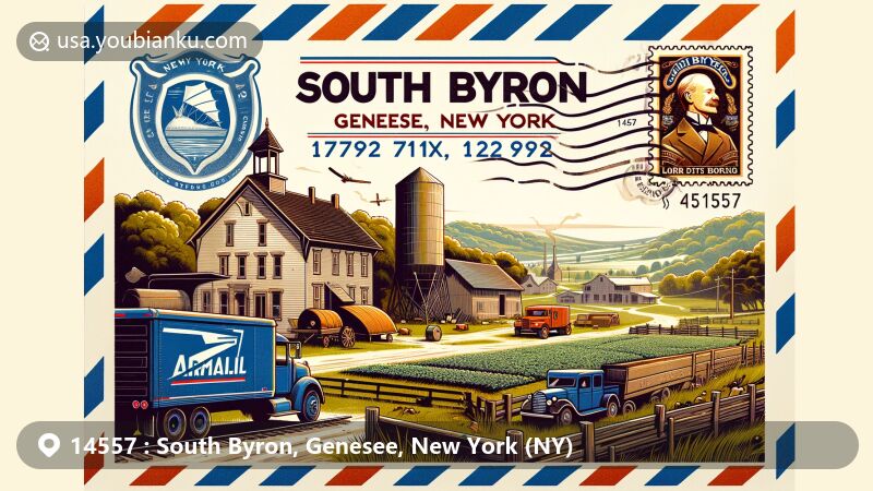 Modern illustration of South Byron, Genesee, New York, showcasing rural aspects with dairy and vegetable farms, and the historic 1919 New York Central train wreck. Features postal theme with ZIP Code 14557 and a depiction of Lord Byron on a postage stamp.