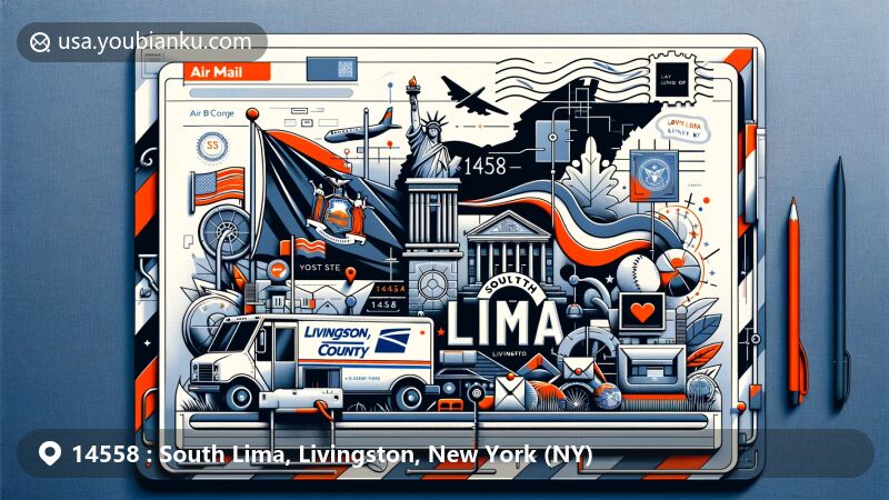 Modern illustration of South Lima, Livingston County, New York, depicting a postal-themed air mail envelope with New York state flag and county outline, featuring postal elements like stamps and postmarks.