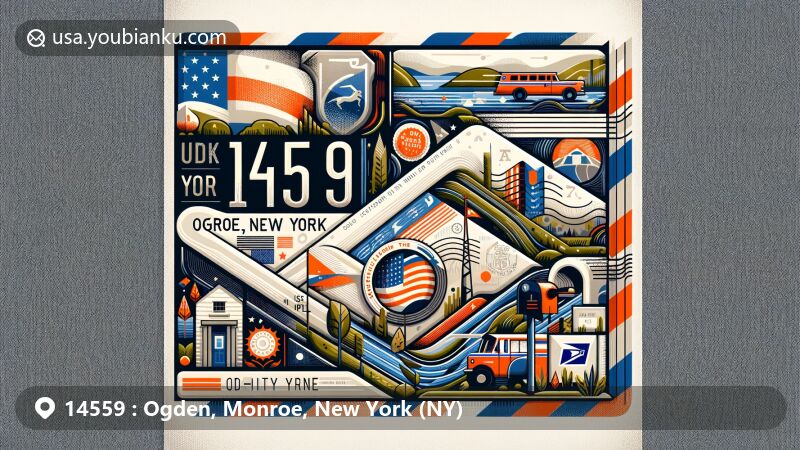 Modern illustration of Ogden, Monroe County, New York, featuring postal theme with ZIP code 14559, showcasing a stylized New York state flag, natural landscapes, and American postal elements.