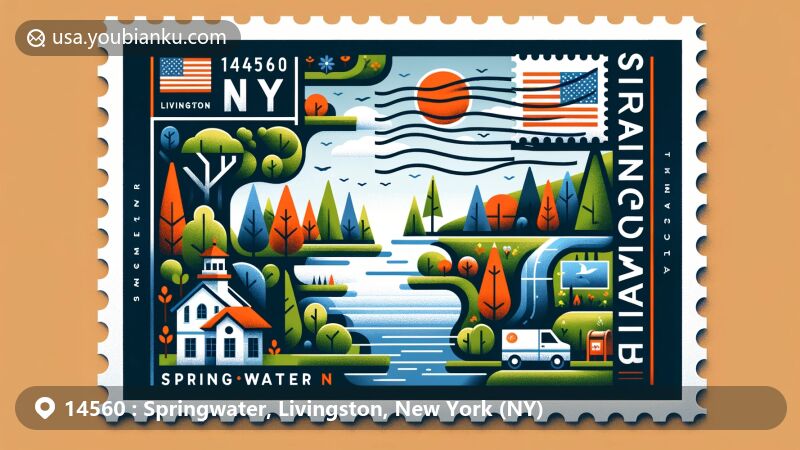 Creative postal theme design featuring natural beauty of Springwater, Livingston, New York, with New York state flag elements, including forests, lakes, and postal symbols.