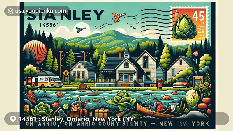 Modern illustration of Stanley, Ontario County, New York, capturing its identity as the cabbage capital of the Northeastern United States with postal theme and ZIP code 14561, featuring outdoor activities like camping, fishing, skiing, and hiking in the Adirondack Mountains' foothills.